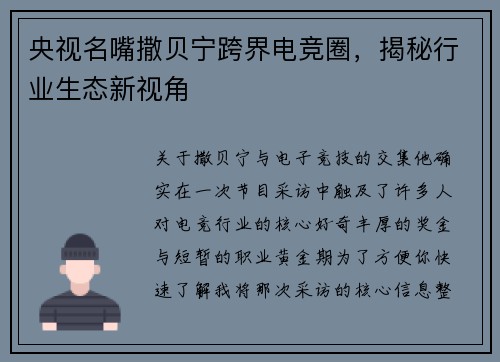央视名嘴撒贝宁跨界电竞圈，揭秘行业生态新视角
